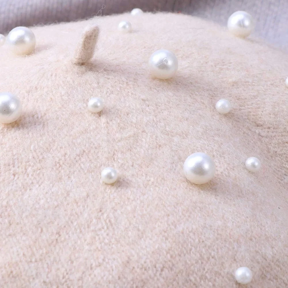 Cashmere Beret (Beaded) in Ivory or Black with White Simulated Pearls